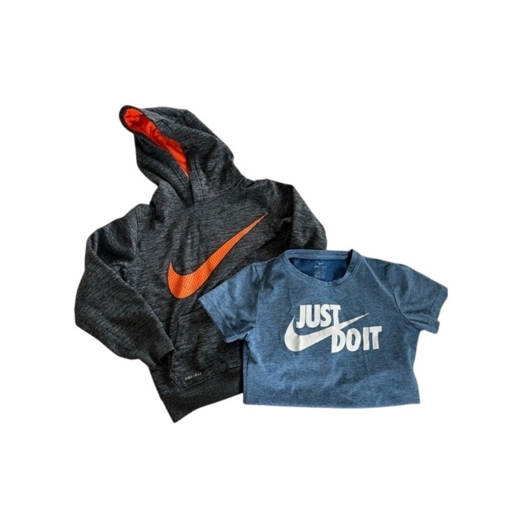 Nike Kids Large (6-7) Charcoal Hoodie with Orange Swoosh & Blue 'Just Do It' Tee